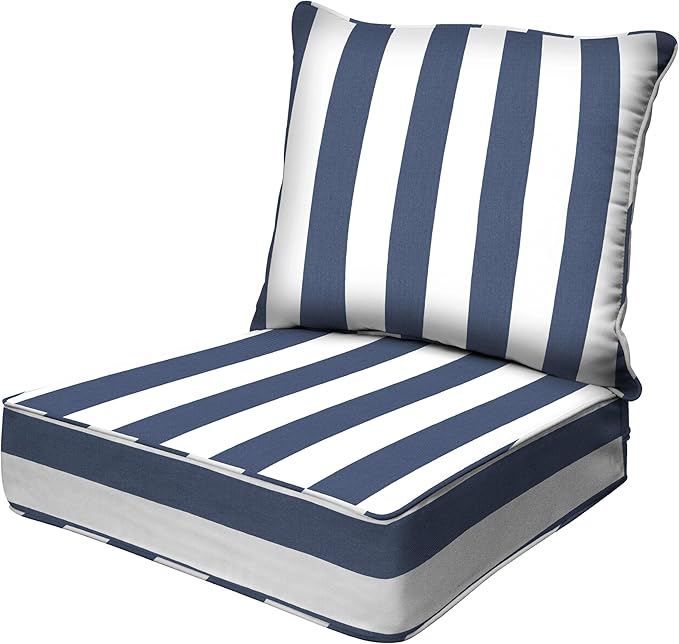 Honeycomb Outdoor Deep Seat, 24 x 23, Cabana Stripe Blue & White Chair Cushion for Patio Furniture