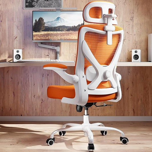 Ergonomic Office Chair - X-Shaped Computer Desk Chair Comfy, Gaming Chair, Office Chair with Lumbar Support, Mesh Office Chairs with Headrests, Desk Chair for Long Hours(White-Orange)