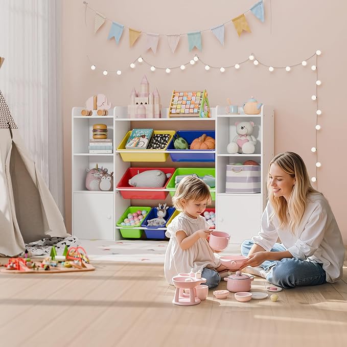 Large Kids Toy Storage Organizer with 4 Shelves and 8 Bins, Contemporary Style, Nursery Toy Organizers