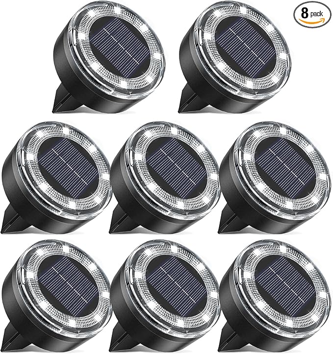 Mini Outdoor Solar Lights，8 Pack Solar Garden Lights for Outside IP65 Waterproof, 8 LED Disc Landscape Lighting for Garden Yard Driveway Walkway Poolside Deck Lawn Patio,Cold White