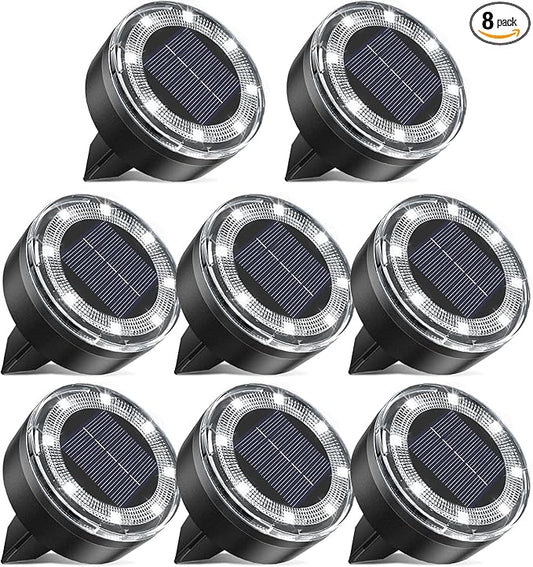 Mini Outdoor Solar Lights，8 Pack Solar Garden Lights for Outside IP65 Waterproof, 8 LED Disc Landscape Lighting for Garden Yard Driveway Walkway Poolside Deck Lawn Patio,Cold White
