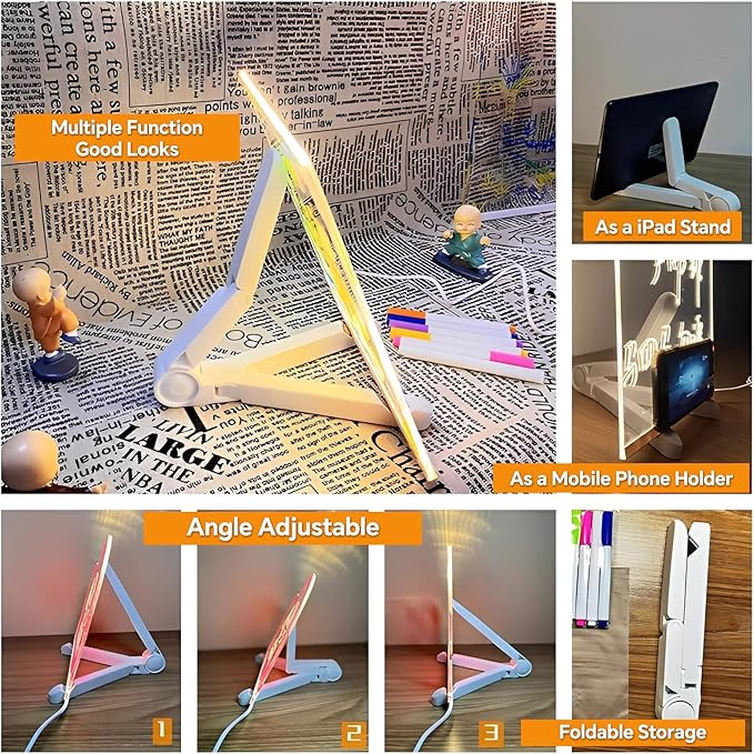 Led Drawing Board, Acrylic Dry Erase Board with Bracket, 11.8" X 7.9” Glow Writing Board, Led Note Board Comes with 7 Drawing Pens and 5 Cartoon Doodle Paper for Office School Home