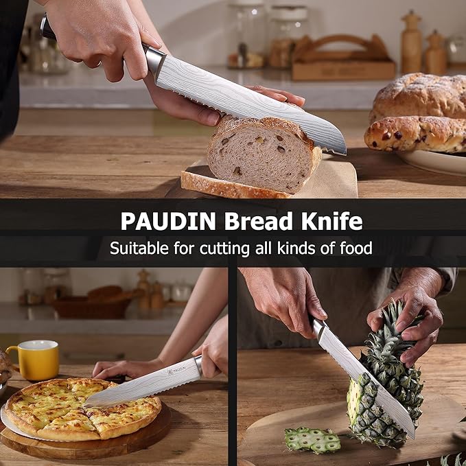 PAUDIN Bread Knife 8", Ultra Sharp Knife Wave Edge - Forged Premium German HC Stainless Steel, Serrated Bread Knife for Homemade Bread and Sourdough Bread, Pakkawood Handle