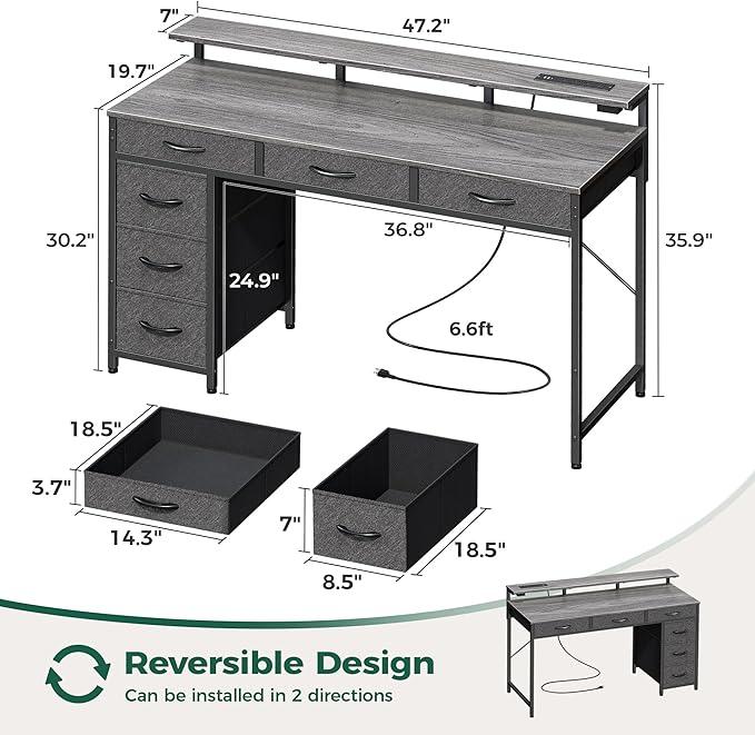 Huuger Gaming Desk with 6 Drawers, Computer Desk with LED Lights Power Outlets and Type-C, 47 Inch Office Desk with Storage, Monitor Stand, Writing Desk Work Desk for Home Office, Bedroom, Study, Grey