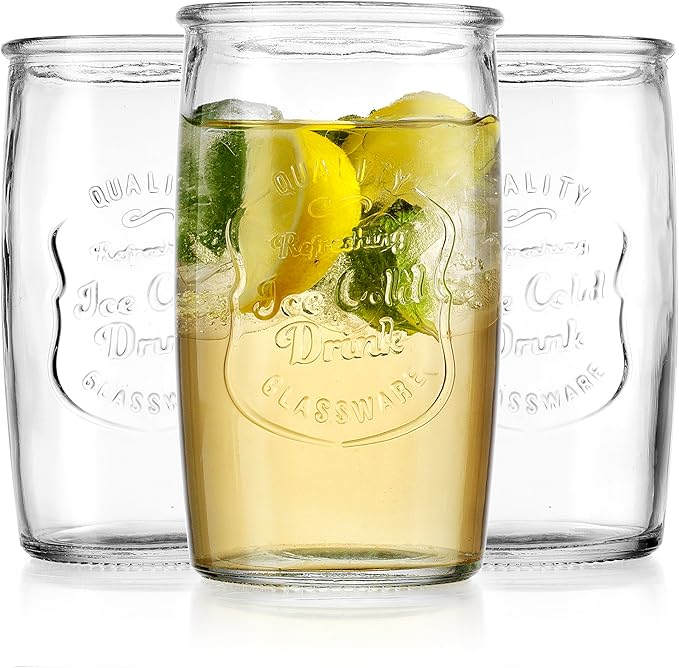 Glaver's Drinking Glasses Set of 4, Vintage Italian Style – Elegant 20 Oz Clear Tumbler Glassware Set– Genuine Artisan-Made for, Refreshing Drinks, Beverages, Cocktails.