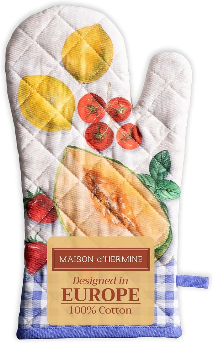 Maison d' Hermine Oven Gloves 100% Cotton Oven Mitt 7" x 13" with Loop Heat Resistant, BBQ, Cooking Gloves, Baking, Grilling, Kitchen, Handling Hot Pans Spring/Summer (Pack of 1, Gourmand)