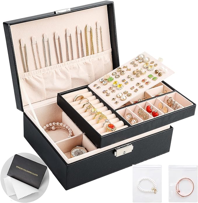 Jewelry Boxes for Women Girls 2 Layers leather Jewelry Organizer Case with Lock Storage Box Removable Tray for Necklace Earring Ring with Polishing Cloth and Jewelry Bags