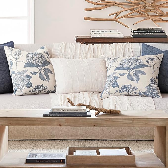 Foindtower Set of 2 Linen Floral Vintage Throw Pillow Covers Neutral Accent Print Decorative Cushion Covers Farmhouse Boho Home Decor for Sofa Chair Couch Bedroom Living Room Outdoor,18×18 Inch,Blue