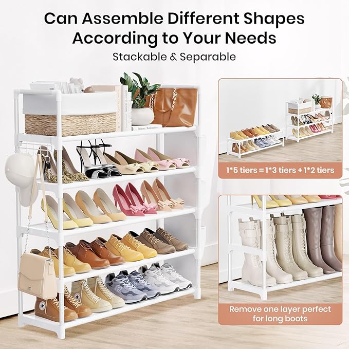 Shoe Rack for Closet Shoe Organizer Space Saver Storage for 20-25 Pair Shoe Shelf with Hook and Side Pocket Free Standing 5 Tier Shoe Rack Organizer for Entryway,Small Spaces, White