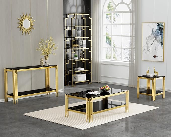 3 Pieces Glass Living Room Table Set Modern Coffee Table Console Table End Table Set with Storage 2-Tier Glass Gold Coffee Table Set w/Stainless Steel Frame for Apartment Home Office