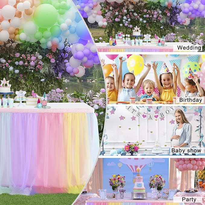 Rainbow Table Skirt for Baby Shower Girl Birthday Party 14ft Colorful Tulle Tutu Table Skirt Decorations for Gender Reveal Unicorn Theme Party Cake Dessert Decorations(L14(ft) H 30in, Rainbow)