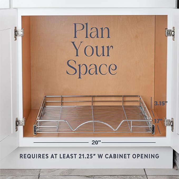 HOLDN’ STORAGE Pull Out Cabinet Organizer - Heavy Duty Steel with Smooth Slide-Out Drawers, Chrome Finish - 20" W x 17" D Basket, Fits 21.25" Cabinet Opening