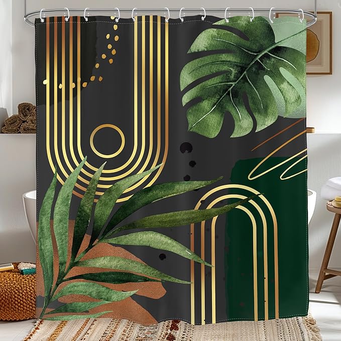 Glawry Dark Green Gold Boho Mid Century Shower Curtain Abstract Tropical Plant Minimalist Modern Geometric Palm Leaf Bathroom Simple 60Wx72L Inches Bath Accessories Art Home Decor Fabric 12 Pack Hooks