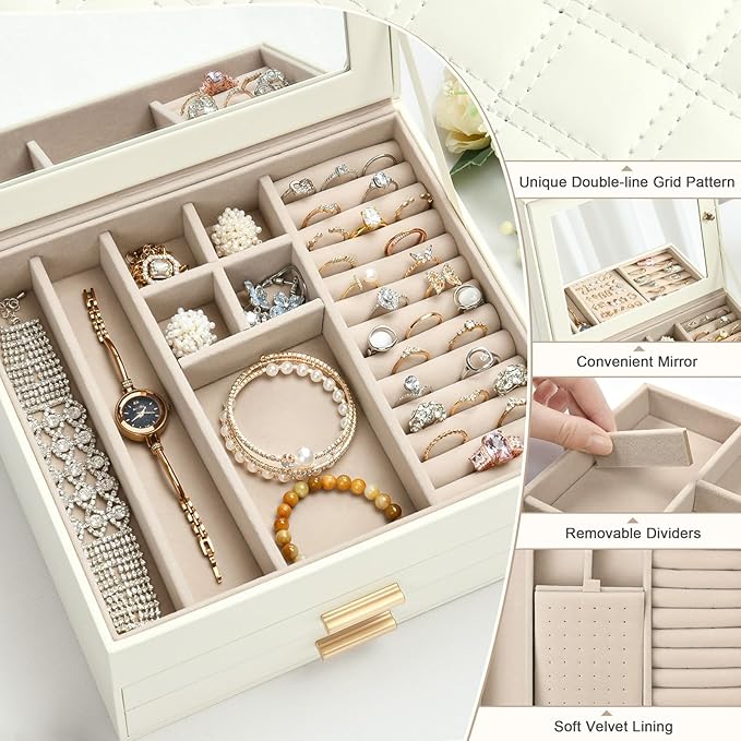 Amearea Jewelry Box Organizer for Women Girls with Mirror, 3-Layer Large Jewelry Storage Case, Synthetic Leather Jewelry Holder Organizer with Removable Tray for Necklaces Earrings Rings, White