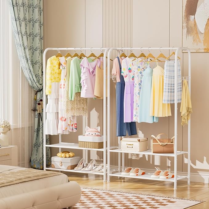 SINGAYE Clothing Racks Portable for Hanging Clothes Garment Rack Heavy Duty Clothes Rack Storage Coat Hanger Stand Portable Closet to Hang with Shelves Wardrobe Standing Organizer Drying White