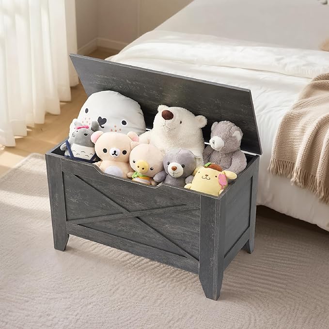 VECELO 30" Farmhouse Style Storage Bench, Entryway Shoe Ottoman, with Handwoven Cushion, with Metal Safety Hinges, for Bedroom, Living Room, Entryway, Grey