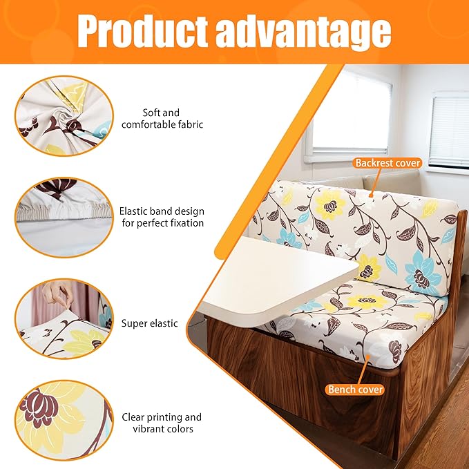 Rv Dinette Cushion Covers,Printing Stretchable Camper Cushion Cover,RV Cushion Slipcover,Rv Couch Cover Replacement for RV Camper Car Bench,2 Backrest Covers and 2 Bench Covers (Flower and leaf)
