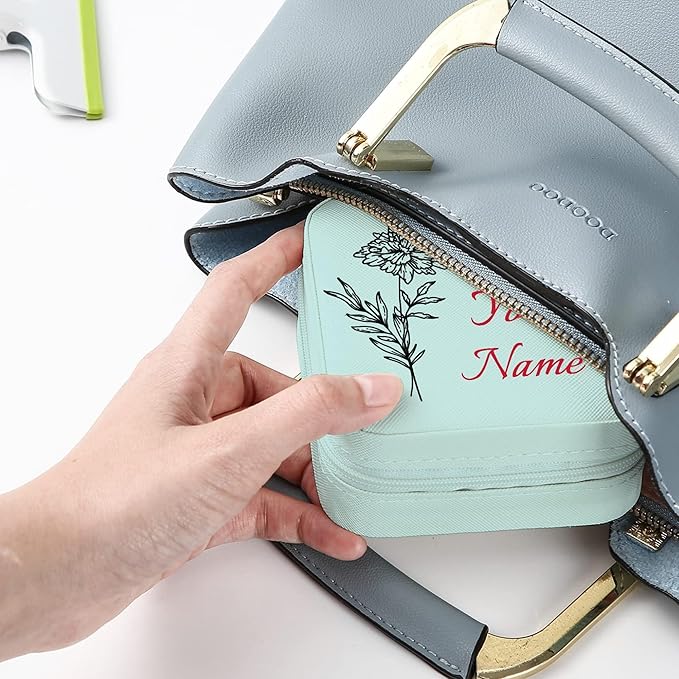 Personalized Jewelry Boxes for Women, Custom Travel Jewelry Case with Name and Birth Flower Month, Portable Jewelry Box Organizer for Mom Birthday Gifts (Blue Customizable)