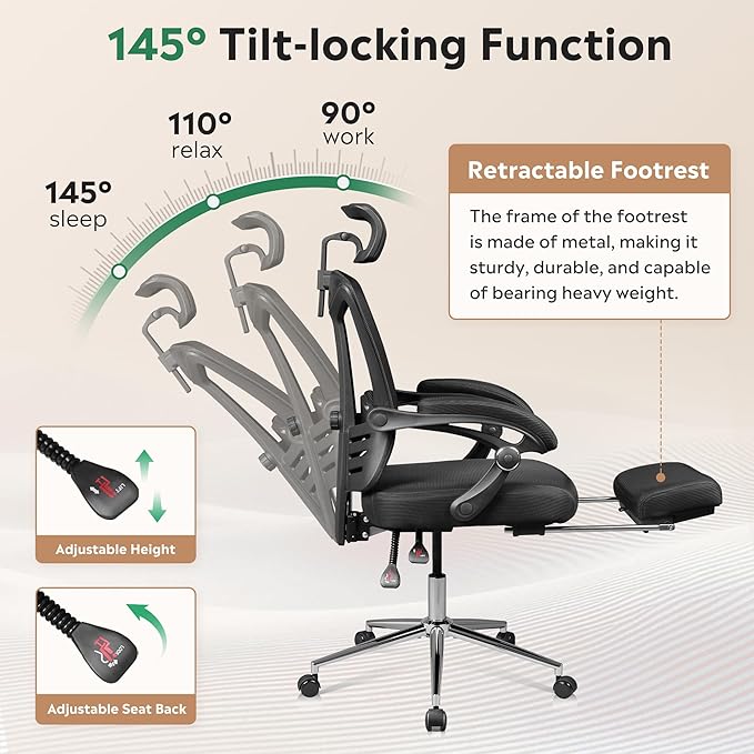 DEVAISE Ergonomic Mesh Office Desk Chair with Footrest, Comfrotable Big and Tall Reclining Computer Chair with Adjustable Lumbar Support, Backrest Adjustable, High Back SGS Class 4 Gas Lift, Black