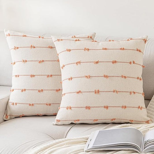 Boho Throw Pillow Covers 20x20 Set of 2 Modern Farmhouse Decorative Cushion Case Tufted Linen Square Pillows Cover Neutral Pillow Cases Accent Pillowcase for Sofa,Couch,Bed,Beige and Pink