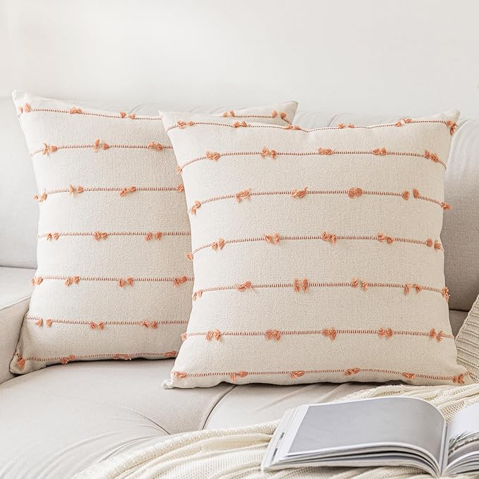 Boho Throw Pillow Covers 18x18 Set of 2 Modern Farmhouse Decorative Cushion Case Tufted Linen Square Pillows Cover Neutral Pillow Cases Accent Pillowcase for Sofa,Couch,Bed,Beige and Pink