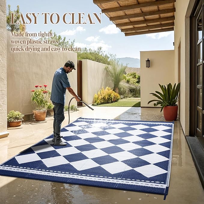 OMERAI Reversible Waterproof Outdoor Rug for Backyard,Plastic Textured Resistant Outdoors Rugs,Portable Washable Easy Cleaning Foldable Camping Beach Carpet for Patio Courtyard, 5'x8' Blue & White