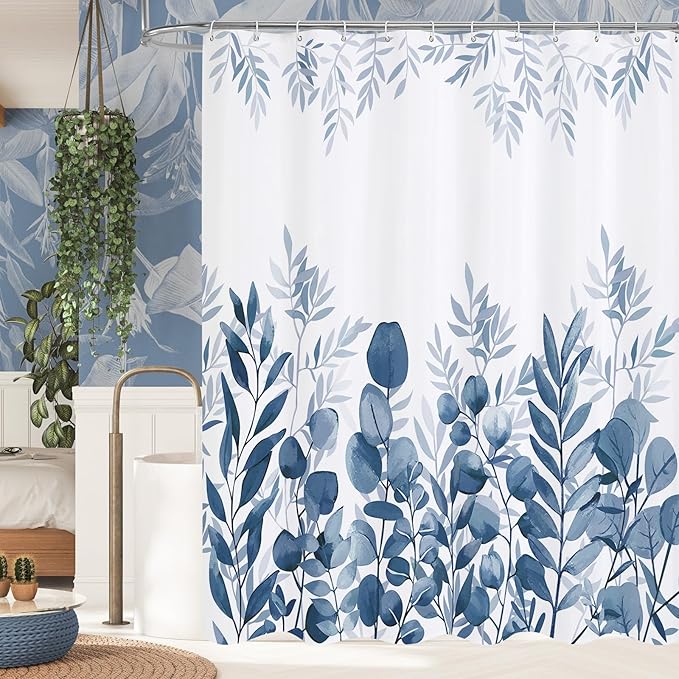 MitoVilla Navy Blue Eucalyptus Shower Curtain, Plant Leaves Vintage Fabric Shower Curtains for Rustic Bathroom Decor, Chic Modern Botanical Shower Curtain, 72x72