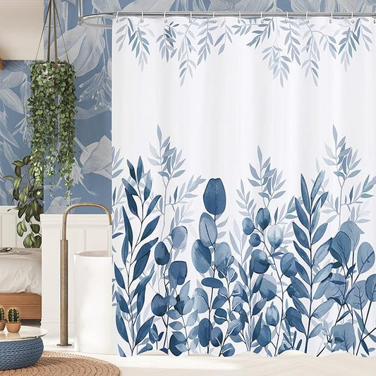 MitoVilla Navy Blue Eucalyptus Shower Curtain, Plant Leaves Vintage Fabric Shower Curtains for Rustic Bathroom Decor, Chic Modern Botanical Shower Curtain, 72x72