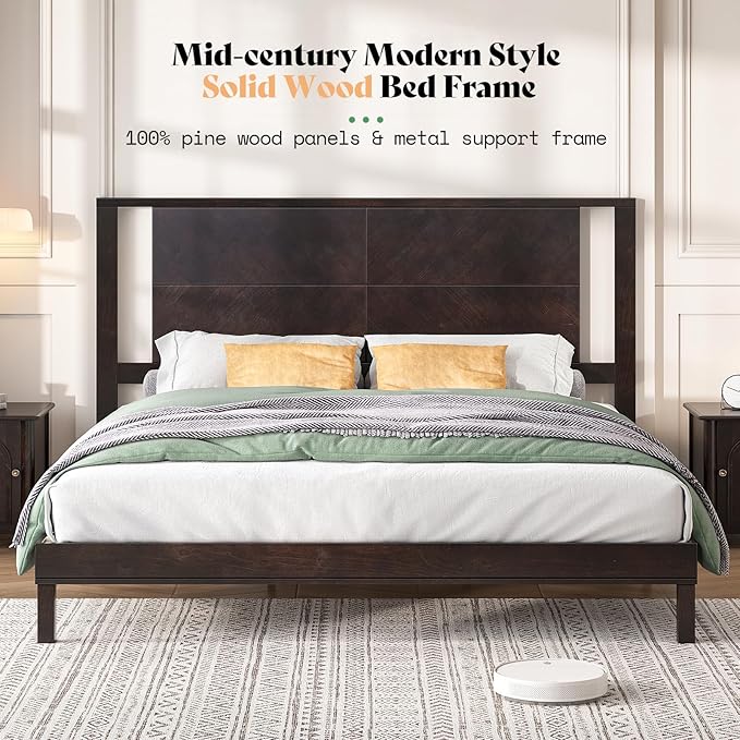 AMERLIFE Solid Wood King Size Bed Frame with Headboard, Mid Century Modern Style Platform Bed with Under-Bed Storage, No Box Spring Needed, Noise Free, Easy Assembly, Dark Brown