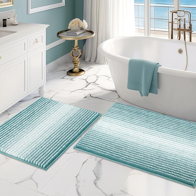 BSICPRO Bathroom Rugs and Mats Sets, 2 Piece Thick Absorbent Chenille Bath Mat Rug Set Non Slip, Soft Shaggy Bath Room Floor Mats for Bathroom, Machine Washable (Aqua Green, 20" x 32" Plus 16" x 24")