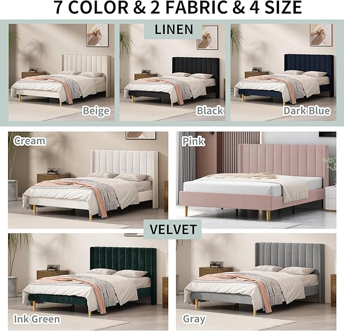 Full Size Upholstered Platform Bed Frame with Modern Wingback & Vertical Panel Headboard, Velvet Fabric, Wooden Legs & Slats Support, No Box Spring Needed, Noise-Free & Easy Assembly, Ink Green