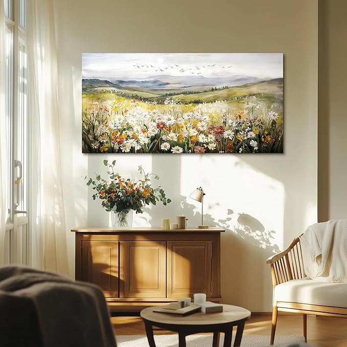 SERIMINO Nature Landscape Wall Art, Mountain Daisy Extra Large Artwork, Wildflower Meadow Rustic Home Decor Art Prints, French Country Aesthetic Paintings Wall Decor Living Room Dining Room 30X60 Inch