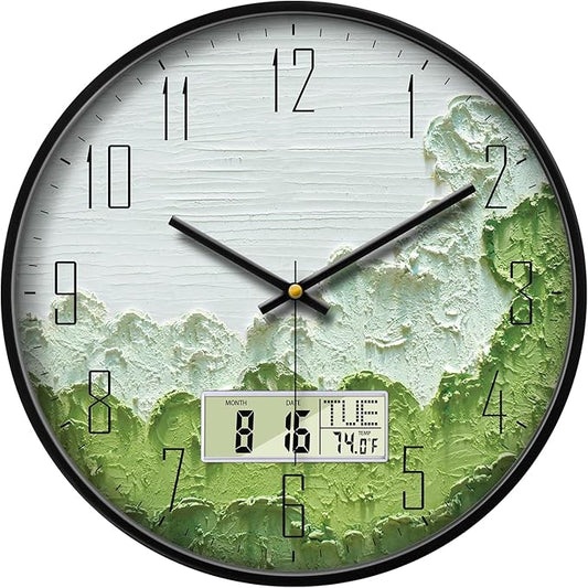 Modern Wall Clock with Temperature Green Forest Large Display Non-Ticking Battery Operated Clock with Date and Week for Kitchen Bedroom Living Room Farmhouse Decor 14 Inch