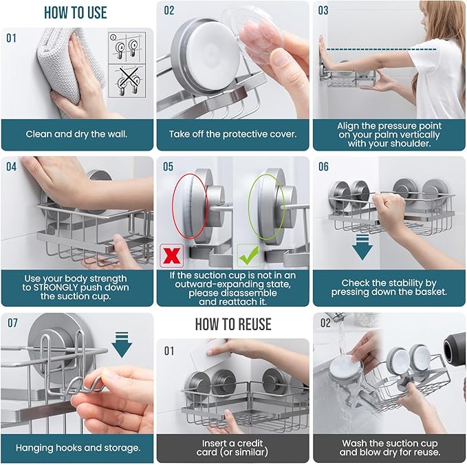 TAILI Corner-adaptive Suction Cup Shower Caddy 2 Pack, Stainless Steel Rustproof Corner Shower Shelves, Drill-Free Wall Mounted Baskets, Large Capacity, Removable Suction Cup Bathroom Organizer, Gray