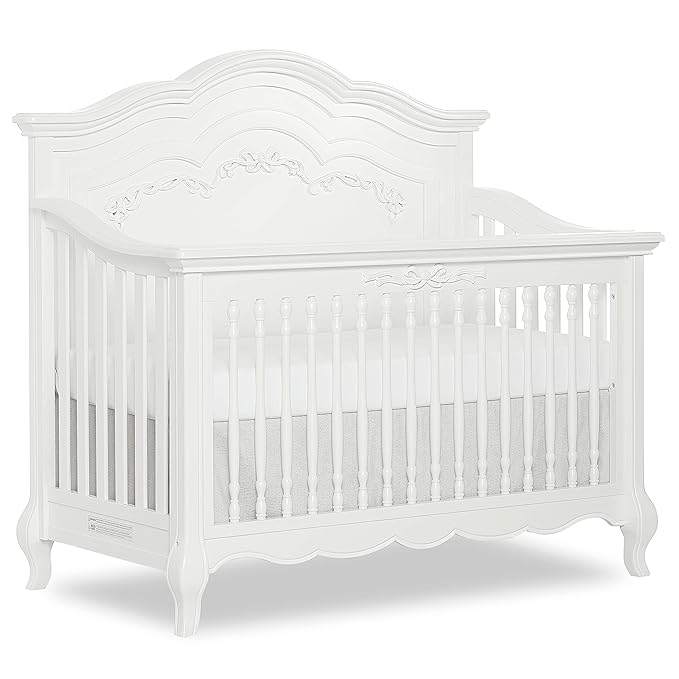 évolur Aurora 5-in-1 Convertible Full-Size Baby Crib in Frost White, GreenGuard Gold & JPMA, 3 Mattress Heights, Ribbon Bow Scrollwork & Queen Anne Feet, Converts to Toddler, Day & Full-Size Bed