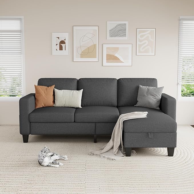 Sectional Sofa Couches for Living Room - 78'' Dark Gray 3 Seat L-Shaped Couch with Storage Ottoman, Modern Linen Convertible Sectionals Sofas with Chaise for Apartment, Office, Small Space
