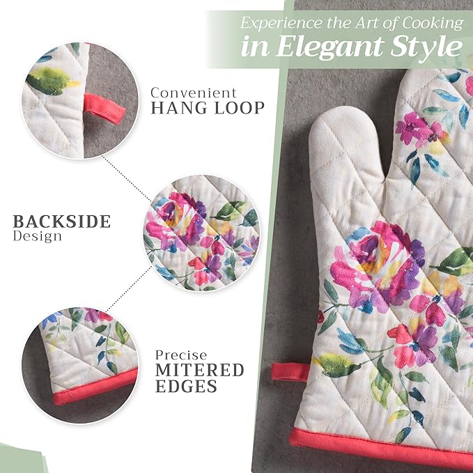 Maison d' Hermine Oven Gloves 100% Cotton Oven Mitt 7" x 13" with Loop Heat Resistant, BBQ, Cooking Gloves, Baking, Grilling, Kitchen, Handling Hot Pans Spring/Summer (Pack of 1, Rose Garden)