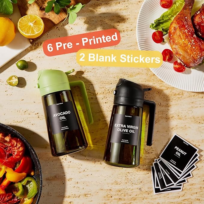 CXINYI - 16oz/470ml Olive Oil Dispenser for Kitchen with Stickers - 2 in 1 Olive Oil Sprayer for Cooking, Air Fryer, and Salad, Black&Blue (Light-Proof Kitchen Gadget)
