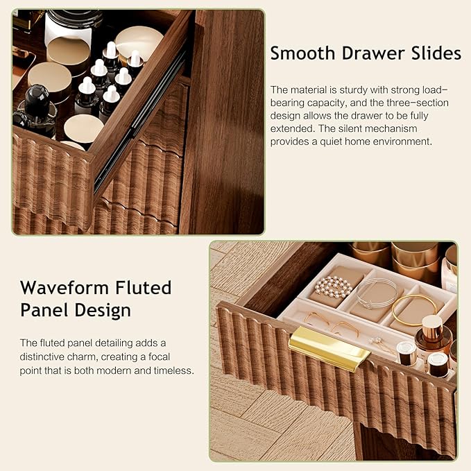 47“Makeup Vanity Desk with 44.8" Mirror and Lights, Vanity Desk with 7 Drawers, Makeup vanity table with a glass tabletop, 3 Color Modes & Adjustable Brightness Dressing Table, Bedroom,Walnut