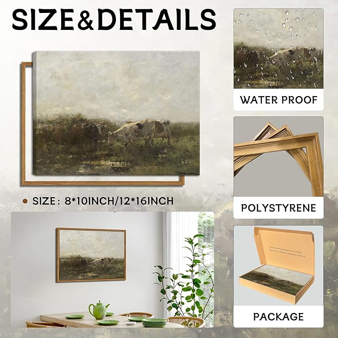 Floating Framed Landscape Canvas Wall Art, French Vintage Natural Country Cows Pictures Wall Decor Artwork, Farmhouse Oil Paintings Prints for Living Room Bedroom Home Decoration 12x16 inch