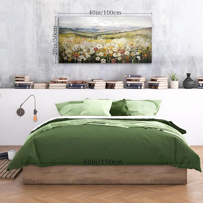 SERIMINO Green Rustic Landscape Wall Art, Mountain Floral Field Large Artwork, Meadow Daisy Scenery Canvas Prints, Nature Wildflower Wall Pictures for Living Room Kitchen Cottage Farmhouse 20X40 Inch