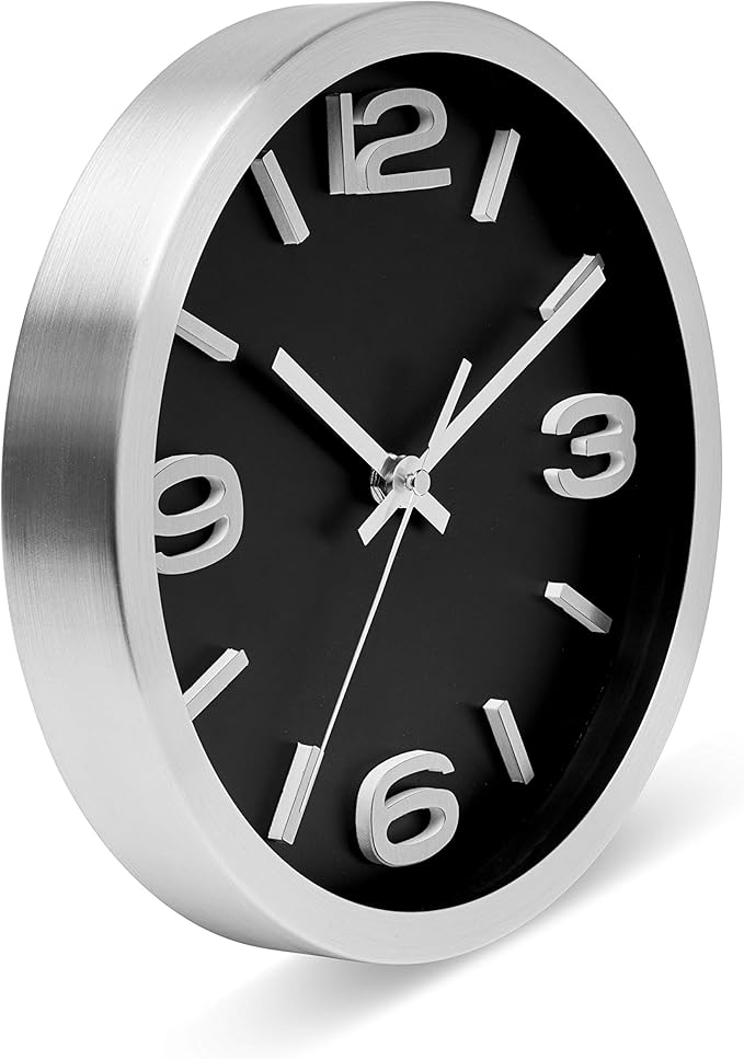Bernhard Products Modern Wall Clock 10 Inch Black & Silver Silent Non Ticking Battery Operated Metal Round Elegant Quality Quartz, Kitchen Home Office Clock with 3D Numbers, Easy to Read