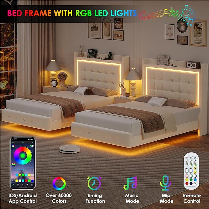 Keyluv Upholstered Twin Floating Bed Frame with RGB LED Lights and Charging Station, Velvet Platform Bed with Button Tufted Storage Headboard, Type-C & USB Charging Ports, No Box Spring Needed, Beige