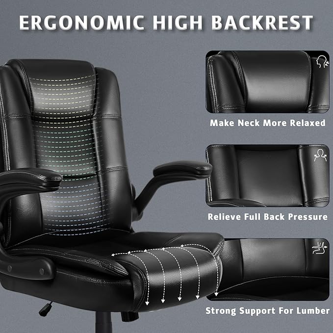LEMBERI Flip-up Arms Office Desk Chair Big and Tall Managerial Executive Chair, High Back Computer Chair Ergonomic Adjustable Height PU Leather Chairs with Armrest for Long Time Sitting