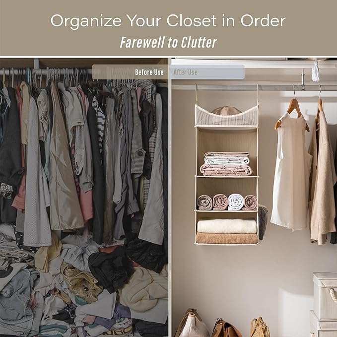 StorageWorks 3-Shelf Hanging Closet Organizer, Adjustable Hanging Closet Organizers and Storage, 12 ¾”W x 12 ¾”D x 32”H, White & Ivory