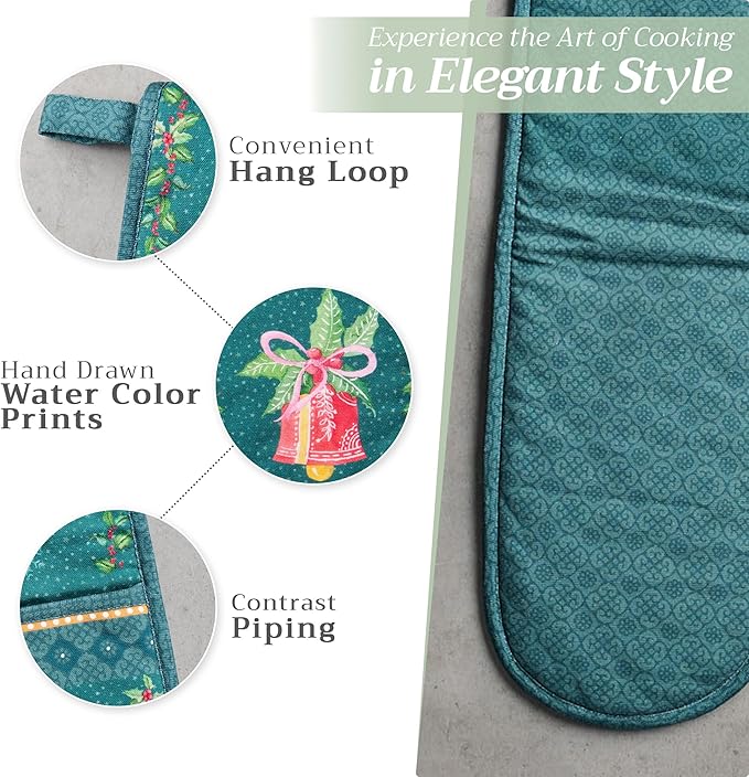 Maison d' Hermine Double Oven Mitt (7" x 35") 100% Cotton Heat Resistant BBQ Cooking Gloves with Loop for Thanksgiving Christmas Decorations Baking Cooking Barbeque Handling Hot Pan (Hygge Christmas)