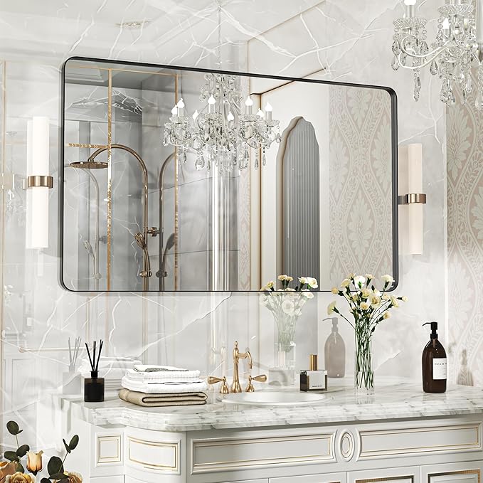 50×30 Black Bathroom Mirror, Rectangular Bathroom Vanity Mirror for Wall with Rounded Corners & Aluminum Alloy Frame, Tempered-Glass, Modern, Farmhouse, Horizontal/Vertical, Entryway, Bedroom