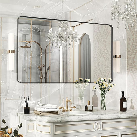 50×30 Black Bathroom Mirror, Rectangular Bathroom Vanity Mirror for Wall with Rounded Corners & Aluminum Alloy Frame, Tempered-Glass, Modern, Farmhouse, Horizontal/Vertical, Entryway, Bedroom