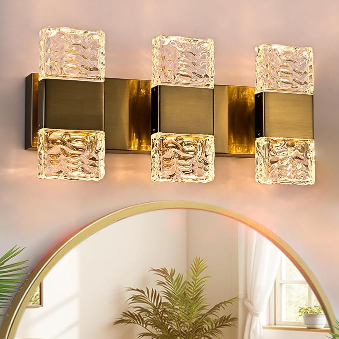 MELUCEE LED Bathroom Vanity Light 24W, 3-Light Modern LED Vanity Light Bar with Crystal Column Brass Bathroom Lights Over Mirror Crystal Wall Sconce Restroom Lighting Fixtures, 3000K Warm Lighting