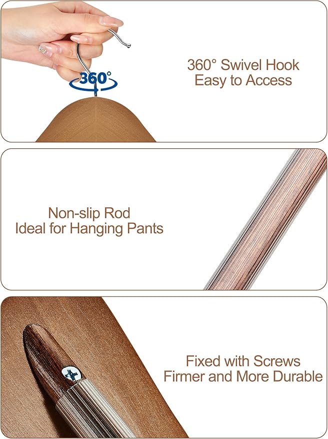 HOUSE DAY Wide Shoulder Wooden Hangers 12 Pack, Wood Suit Hangers for Men with Non Slip Pants Bar, Smooth Finish Solid Wood Coat Hanger for Jacket, Pants, Dress, Heavy Clothes Hanger (Walnut)